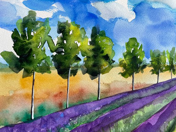 Lavender Original Watercolor Painting, Large Landscape Artwork, Purple Wall Art, France Picture