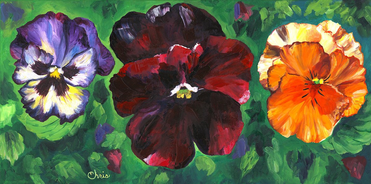 Impressionistic Botanical Oil Painting By Christina M Plichta, 20 X 10, Pansy Trio, Original Artwork