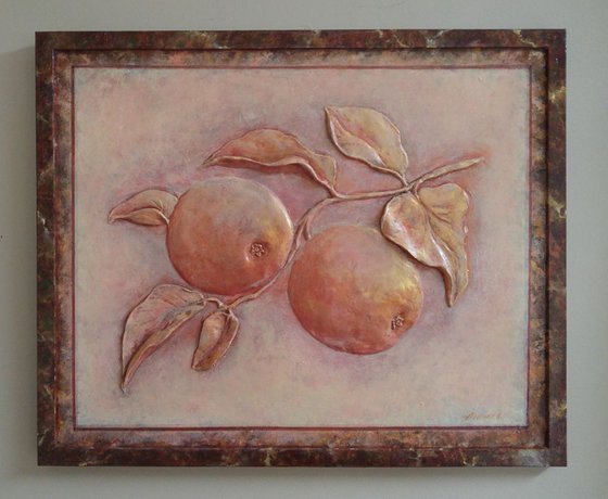 "Golden apples" - paper clay on carton board, one-of-a-kind bas-relief (22,5x18,5x1")