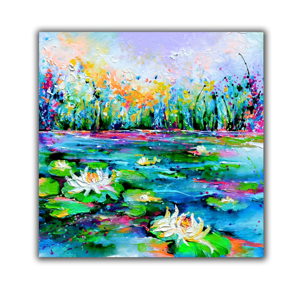 Impressionistic Landscape Acrylic Painting By Soos Roxana Gabriela, 20 X 20", Water Lilies On The Pond, Original Artwork