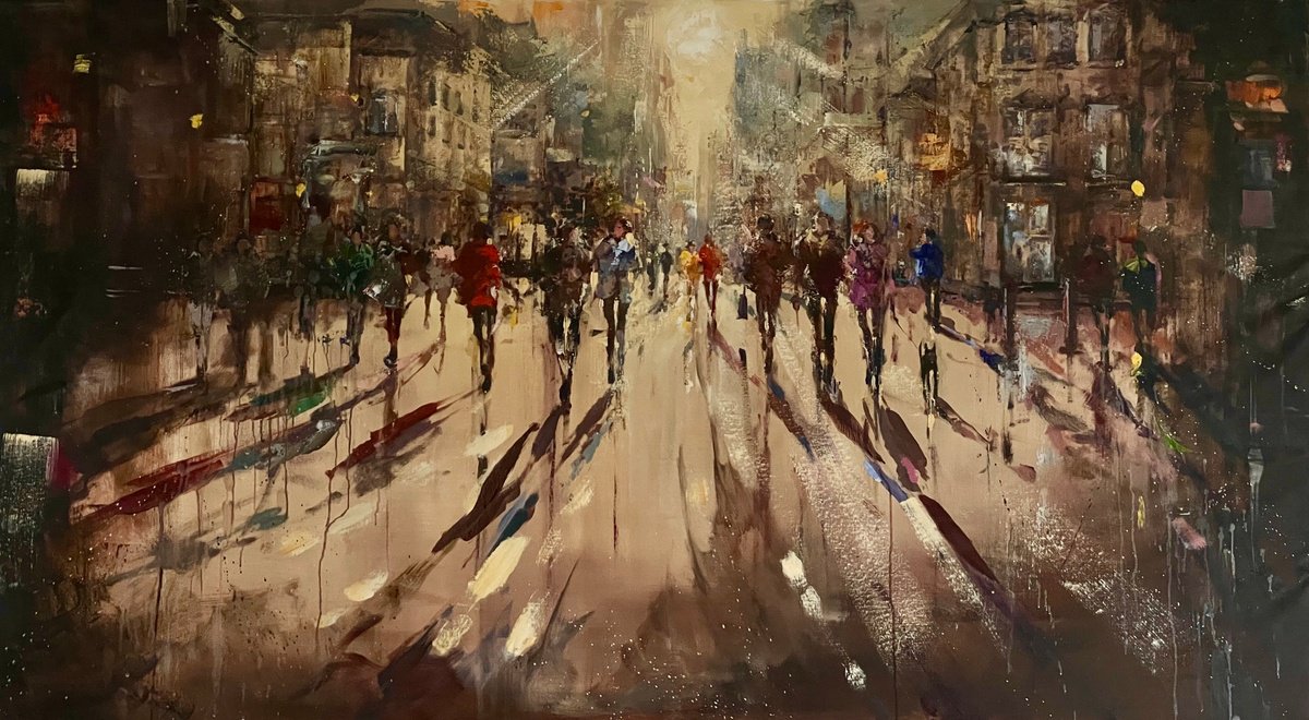 Impressionistic Cityscapes Oil Painting By Ewa Czarniecka, 71 X 39, Together We Fly, Original Artwork