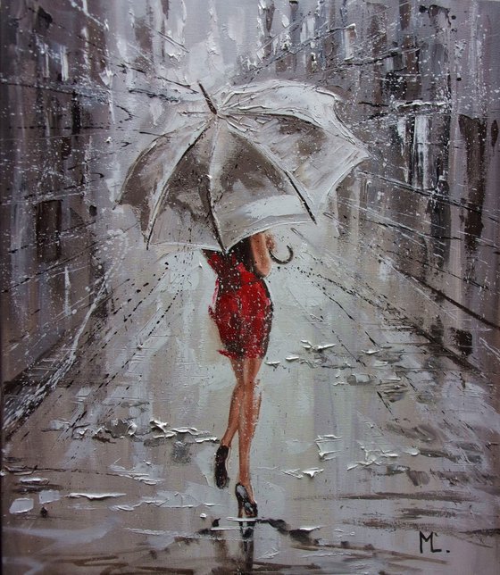 " RAINY LADY ... "  RAIN street spring summer original painting CITY palette knife GIFT