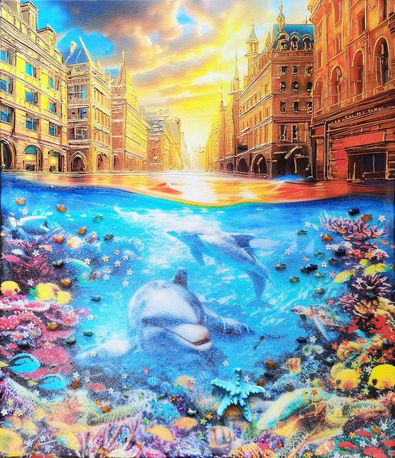 Flooding in city. Global warming. Dolphins under water, sea bottom seascape marine. Fantasy art.