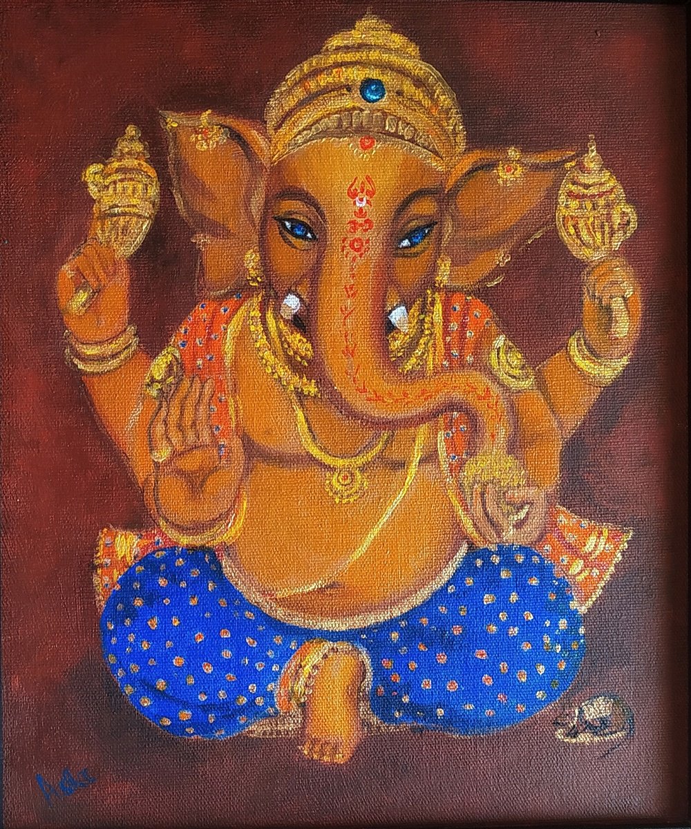 Portrait Acrylic Painting By Asha Shenoy, 13 X 15, Lord Ganesh With Blue Eyes, Original Artwork