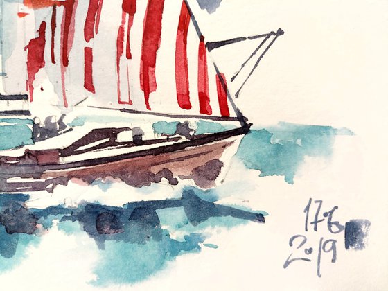 Watercolor sketch "Yacht with striped sails" - series "Artist's Diary"