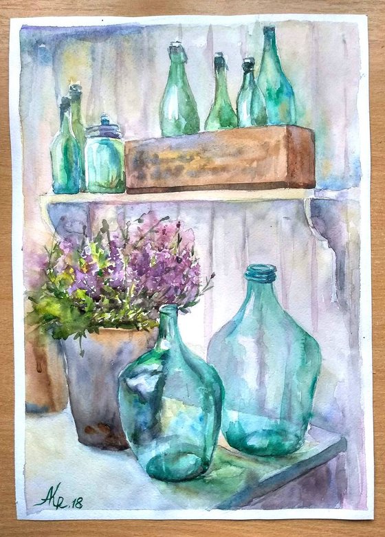 Green bottles still life, 30x40 cm.