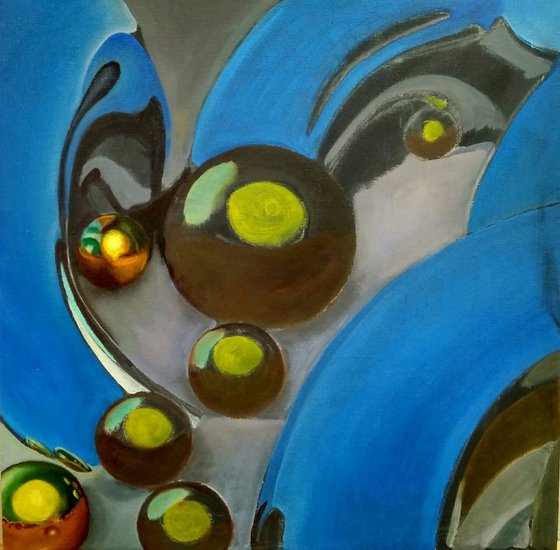 Abstraction Golden Spheres Blue Background Oil Painting Hyperrealism