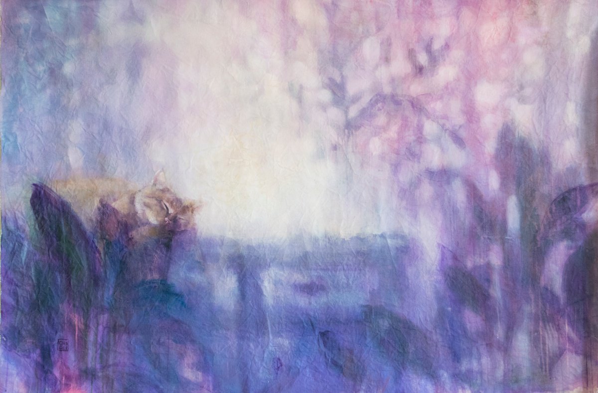 Impressionistic Animal Acrylic Painting By Olga Bezverkhaya, 61 X 40", The Cat Still Sleeps, Original Artwork