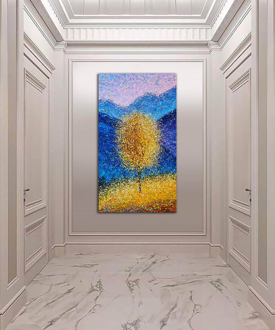 Yellow bright painting Autumn modern landscape Sunny autumn tree Mountains vertical art