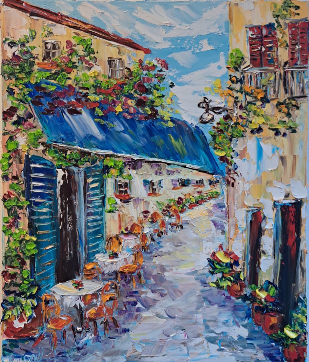 Impressionistic Cityscapes Oil Painting By Oksana Fedorova, 16 X 20", Italy Patio Cafe, Original Artwork