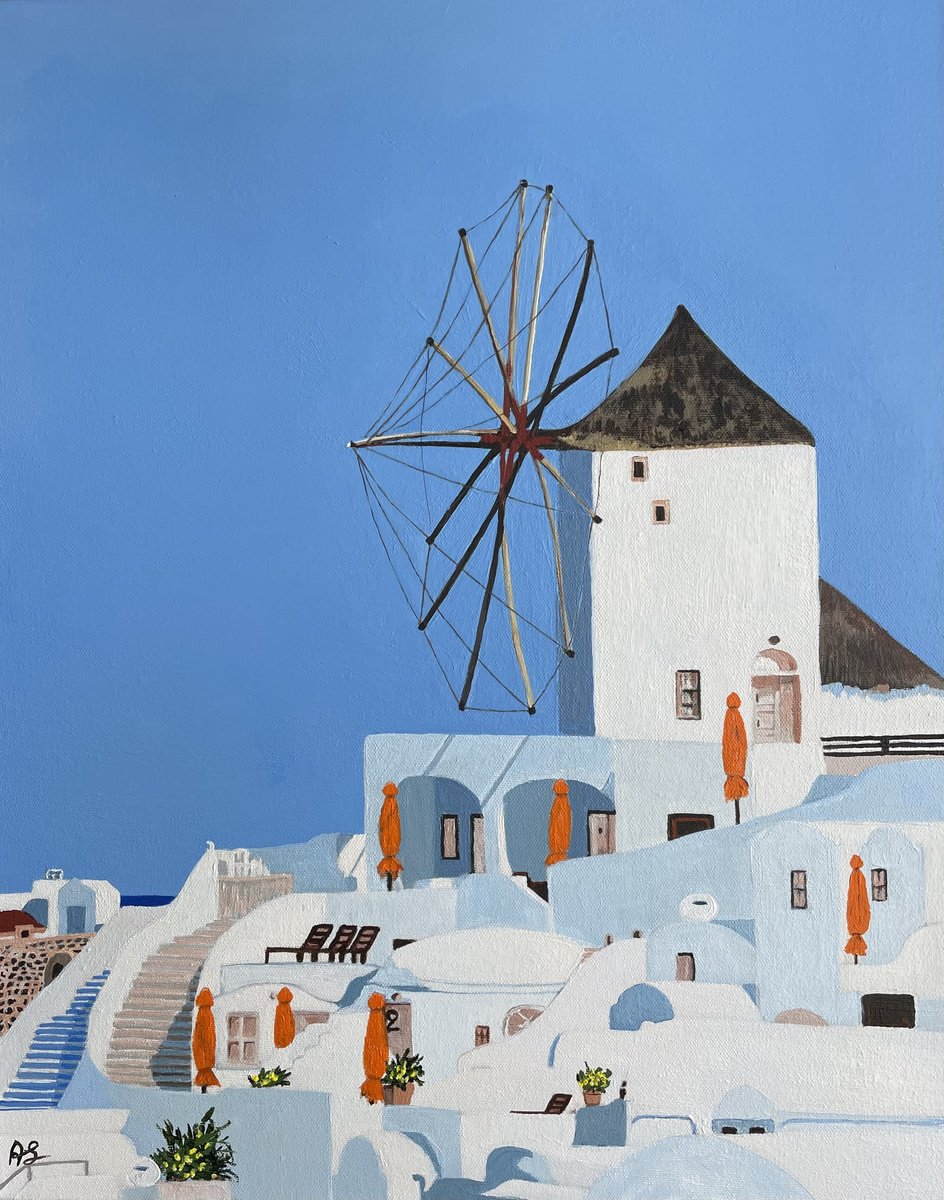 Landscape Acrylic Painting By Anne Shaughnessy, 16 X 20, Windmill Of Oia, Greece, Original Artwork