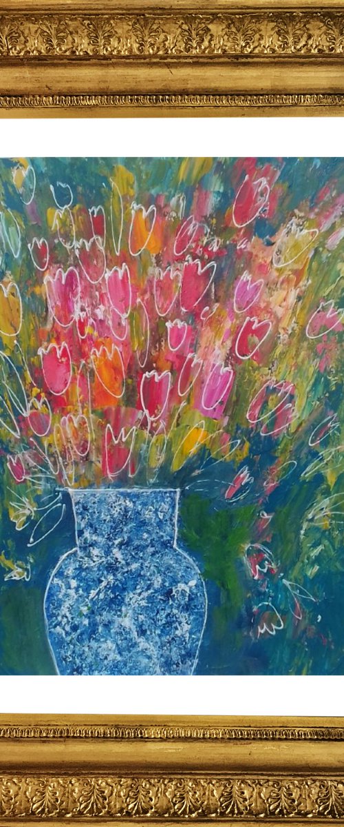 Mixed Tulips in a Chinese Ginger Jar by Jan Rippingham