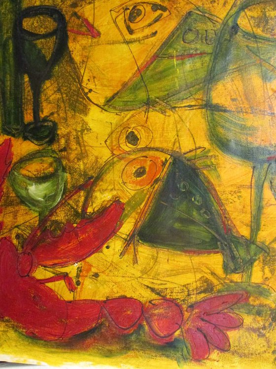 fishes, lobster and bottles xxl-Painting 37,5 x 51,2 inch