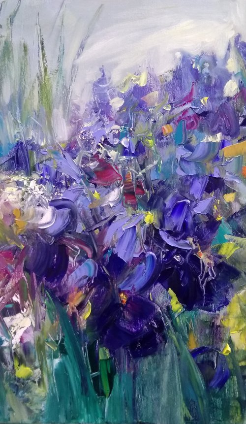 Blooming Irises. Original Oil Painting , Palette Knife . by HELINDA (Olga Müller)