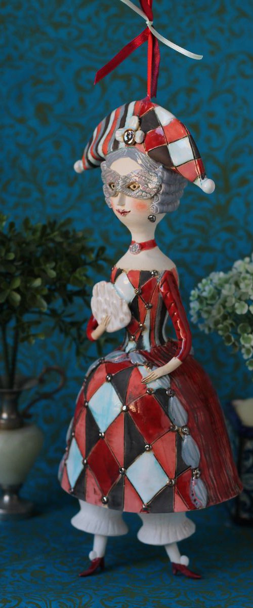 Carnival Dame as sculptured ceramic bell doll by Elya Yalonetski by Elya Yalonetski