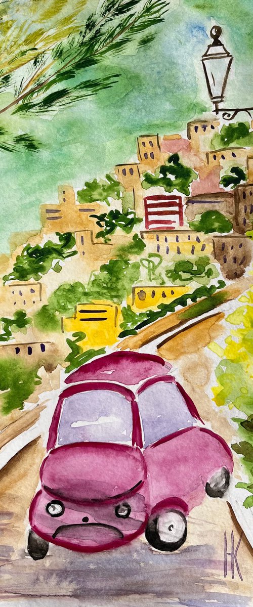Italy Painting Retro Car Original Art Mediterranean Watercolor Riviera Artwork Home Wall Art 8 by 12 by Halyna Kirichenko by Halyna Kirichenko