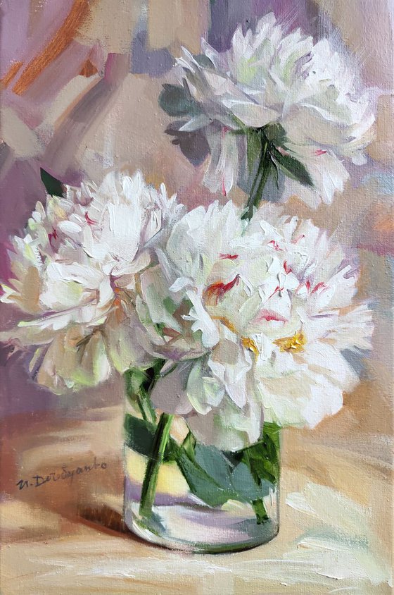 White peony art painting original, Flowers oil painting on canvas, Purity peony in glass, Floral wall art, Picture on shelf table