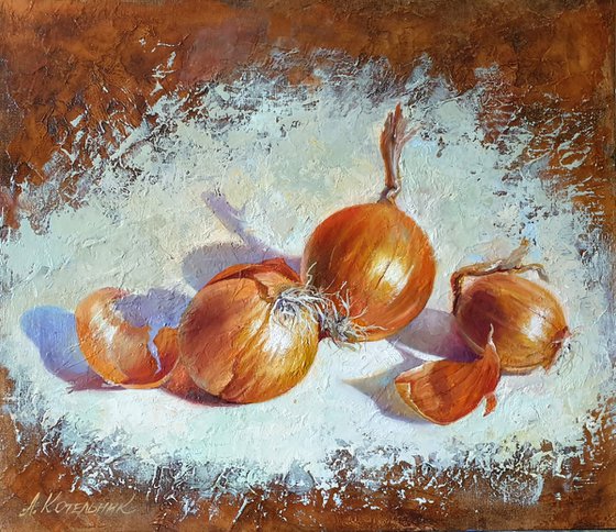 "Onion family."  Onion still life  liGHt original painting PALETTE KNIFE  GIFT (2020)