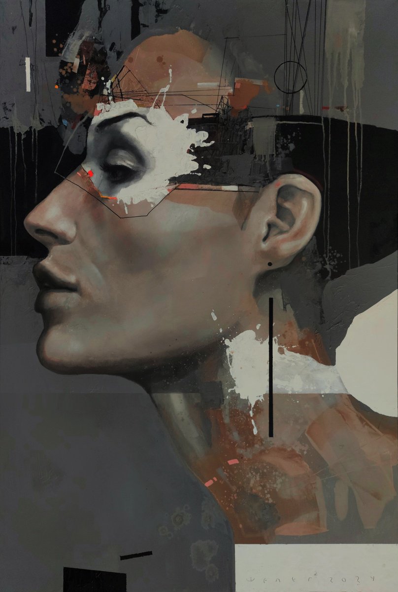 Urban And Pop Portrait Oil Painting By Victor Sheleg, 31 X 47", Structured Chaos, Original Artwork