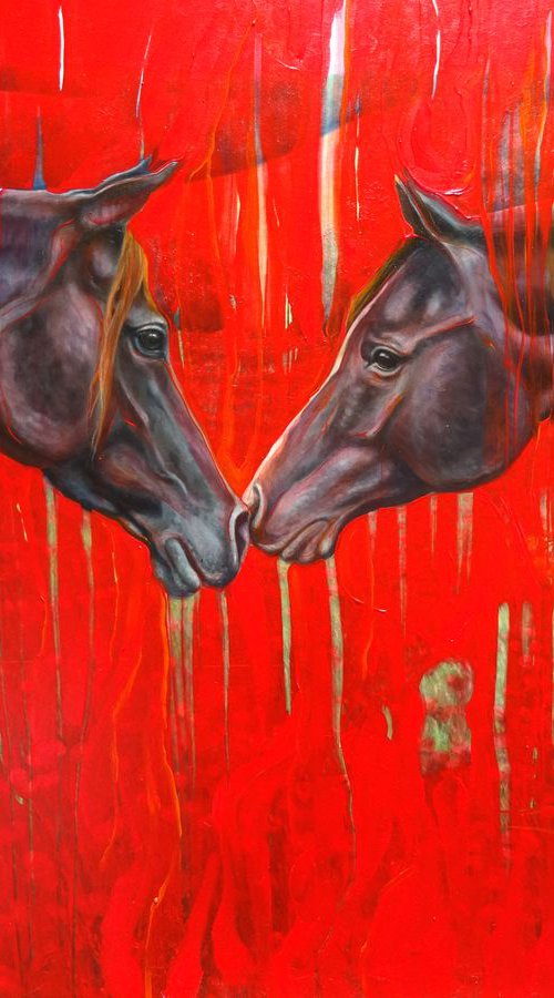 Equine Dreaming - large abstract oil painting in red and black with two black Arabian horses in a poppy field by Gill Bustamante