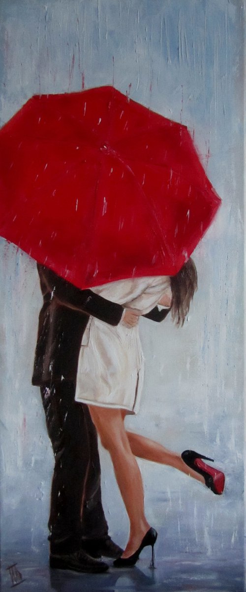 Happy meeting. Man and Woman under Red Umbrella by Ira Whittaker