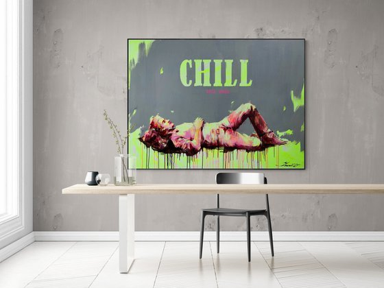 XXXL Bright Painting - "CHILL" - Expressive - Man - Portrait - Pop Art - Grey&Pink - Huge artwork