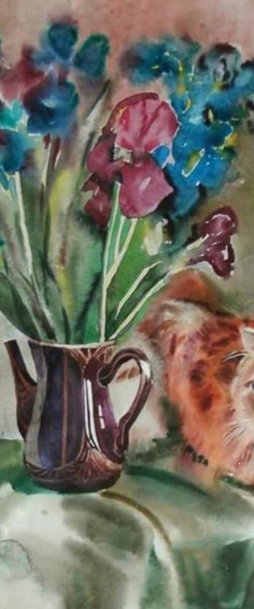 irises and cat, 60x70 cm by Valentina Kachina