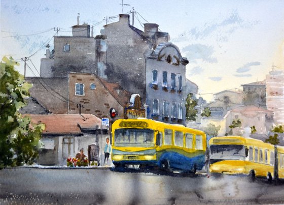 Two yellow buses, original landscape watercolor painting by Nenad Kojic