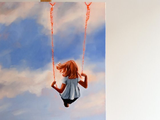 Childhood - Small Girl on Swing Cloud Sky Painting Painting