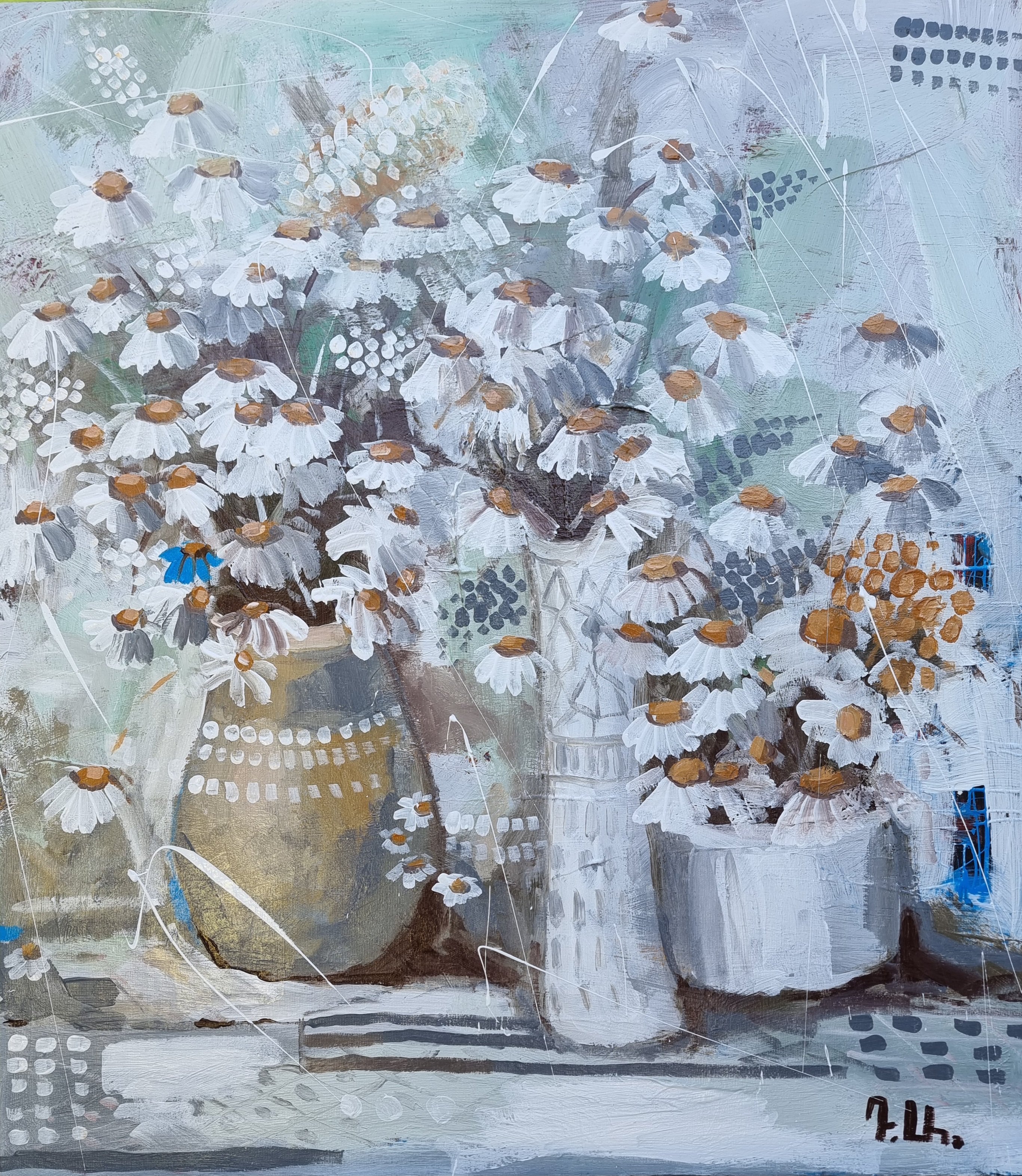 Abstract Botanical Acrylic Painting By Davit Arstamyan, 28 X 31, Chamomile Daydream, Original Artwork