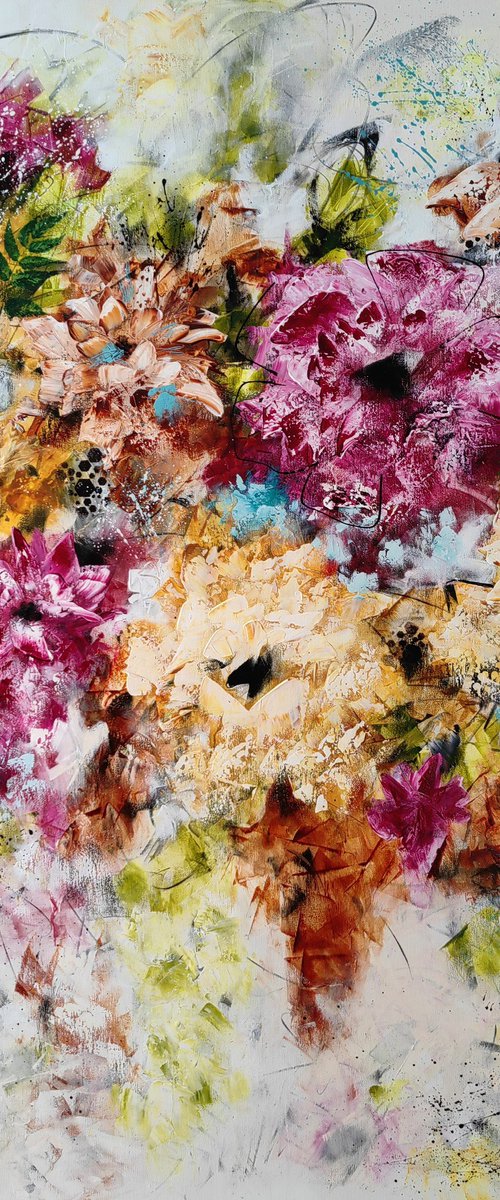"Vibrant Floral Passion", XXL abstract flower painting by Vera Hoi