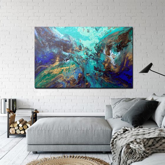 Αbstract painting art blue green gold metallic - Τide