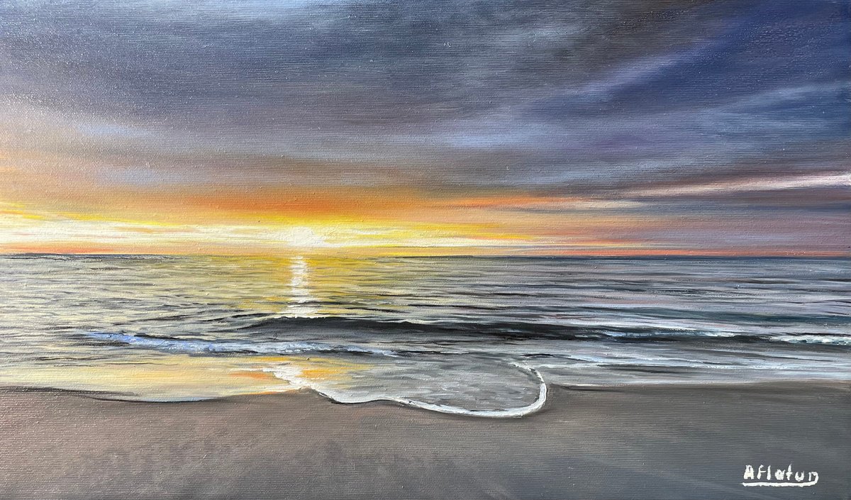 Photorealistic Landscape Oil Painting By Aflatun Israilov, 20 X 12, Ocean Sunset 2023, Original Artwork