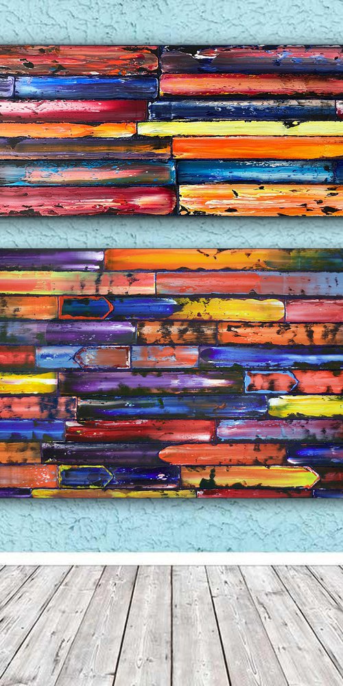 "Dynamic Duo" - Original PMS Large Oil Painting and Assemblage Diptych on Large Wooden Panels - 48 x 40 inches by Preston M. Smith (PMS)