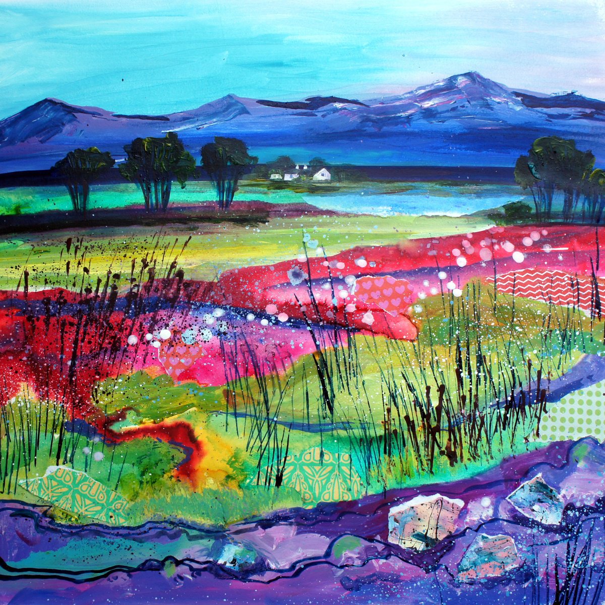 Organic Landscape Painting By Julia Rigby, 18 X 18", House By The Loch, Original Artwork