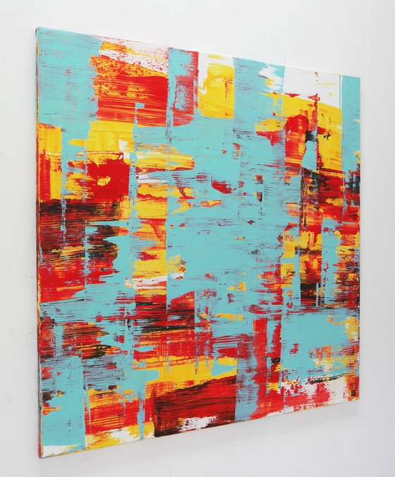 XL Abstract Painting - Static in Red & Turquoise - 120x120 cm - Ronald Hunter - 13J