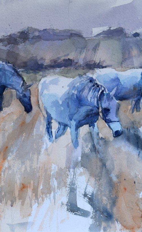 Three horses in the wheatfield by Goran Žigolić Watercolors