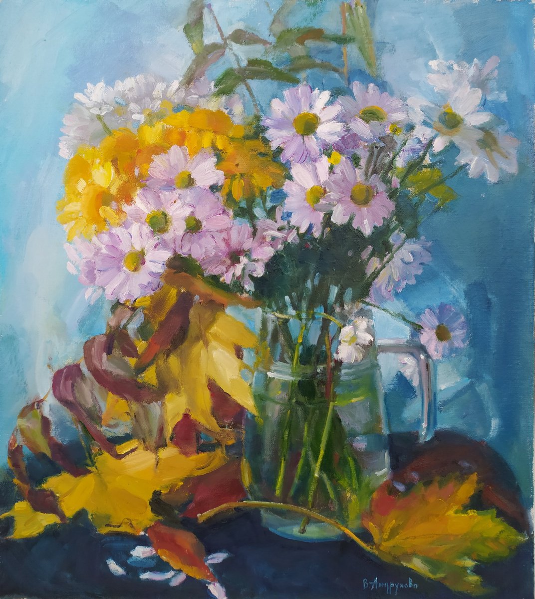 Impressionistic Still Life Oil Painting By Valentina Andrukhova, 16 X 18", Autumn Bouquet, Original Artwork