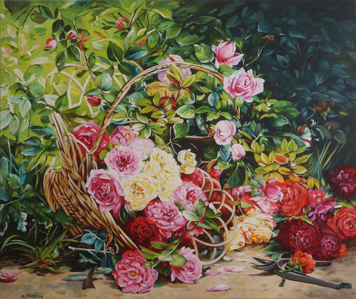 Garden Roses In A Basket By Natalia Shaykina, 35 X 30, Artwork For Sale On Artfinder
