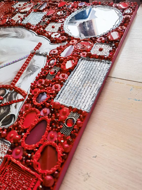 Decisive leap. A white racehorse