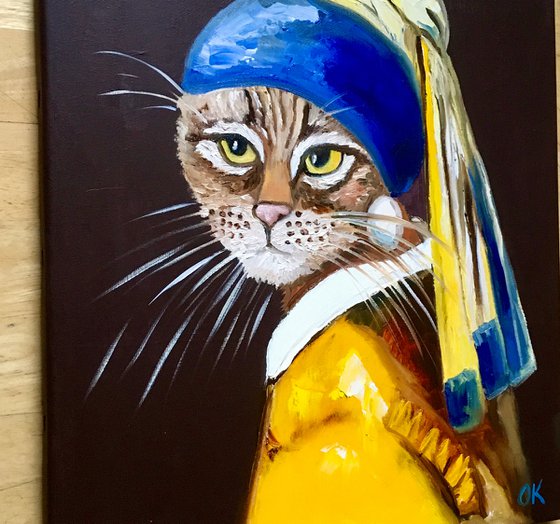 Cat with the pearl earring inspired by Vermeer painting feline art for cat lovers gift idea