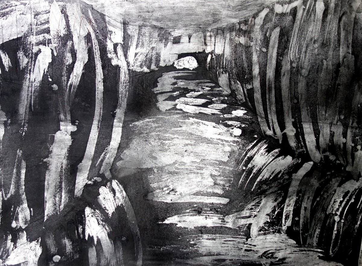 Abstract Landscape Charcoal Drawing By Elizabeth Anne Fox, 28 X 20, River, Hebden Bridge, Original Artwork