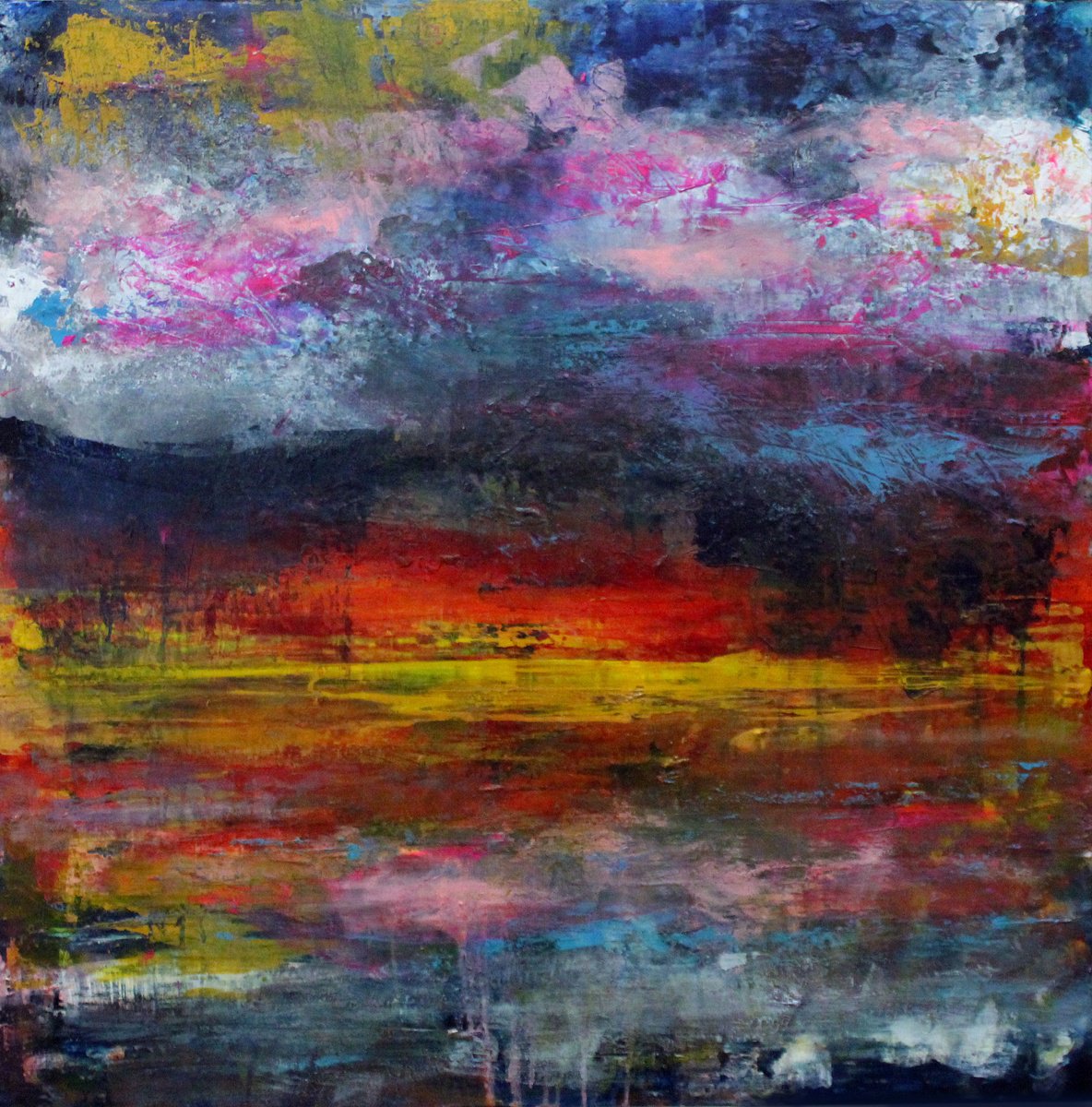 Organic Landscape Acrylic Painting By Andrew Watt, 39 X 39, Flamingo Sunset, Original Artwork