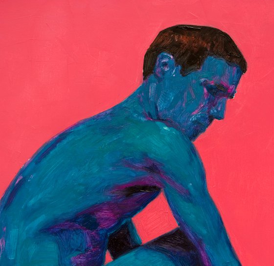 modern portrait of a nud man in pink and blue