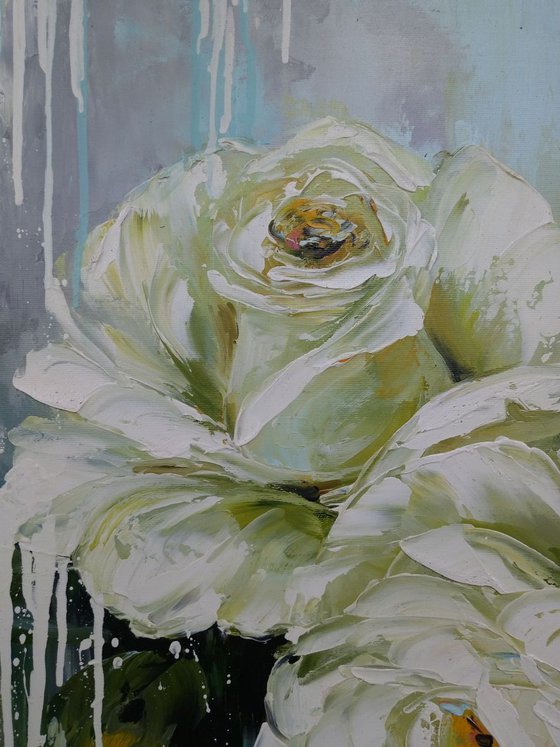 White roses(60x70cm, oil painting, palette knife, ready to hang)
