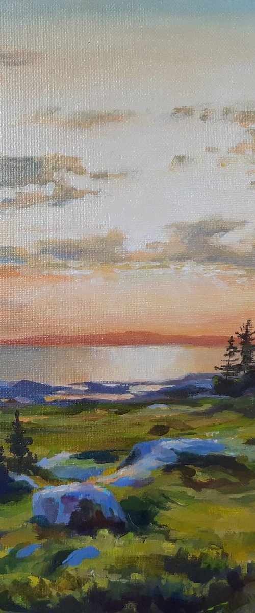 Golden sunset,  original, one of a kind, acrylic on canvas impressionistic seascape by Alexander Koltakov