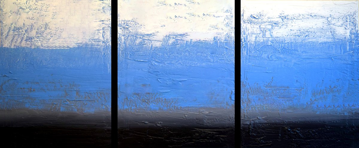 Abstract Painting By Stuart Wright, 48 X 20", Ice Blue 3 Panel Canvas, Original Artwork