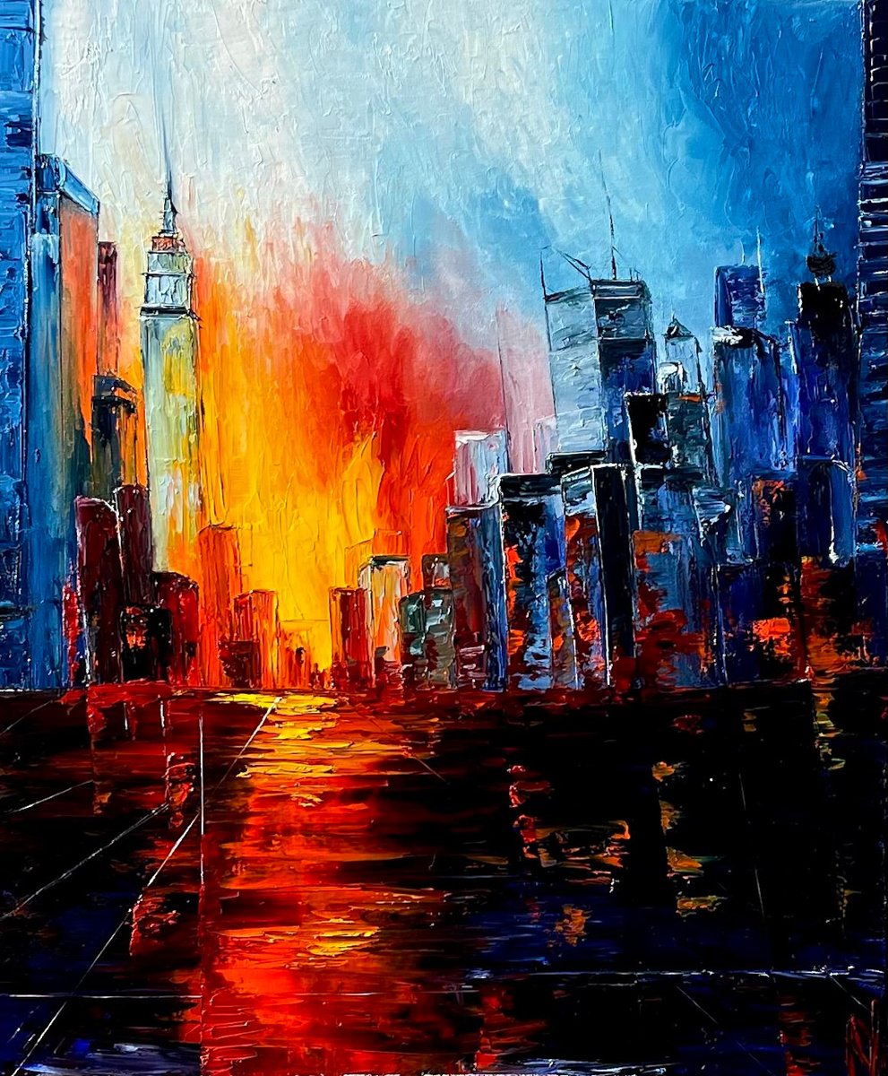 Expressive Cityscapes Oil Painting By Anastasiia Novitskaya, 24 X 29, Sunset Over The City, Original Artwork