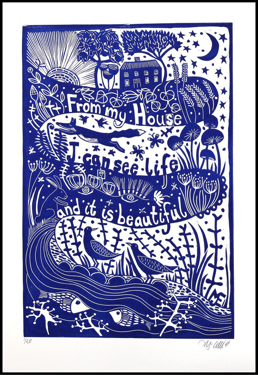 Illustrative Linocut , I Can See Life And It Is Beautiful By Mariann Johansen-Ellis, 20 X 27, Artwork For Sale On Artfinder