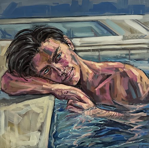 Naked boy in pool, male nude painting by Emmanouil Nanouris